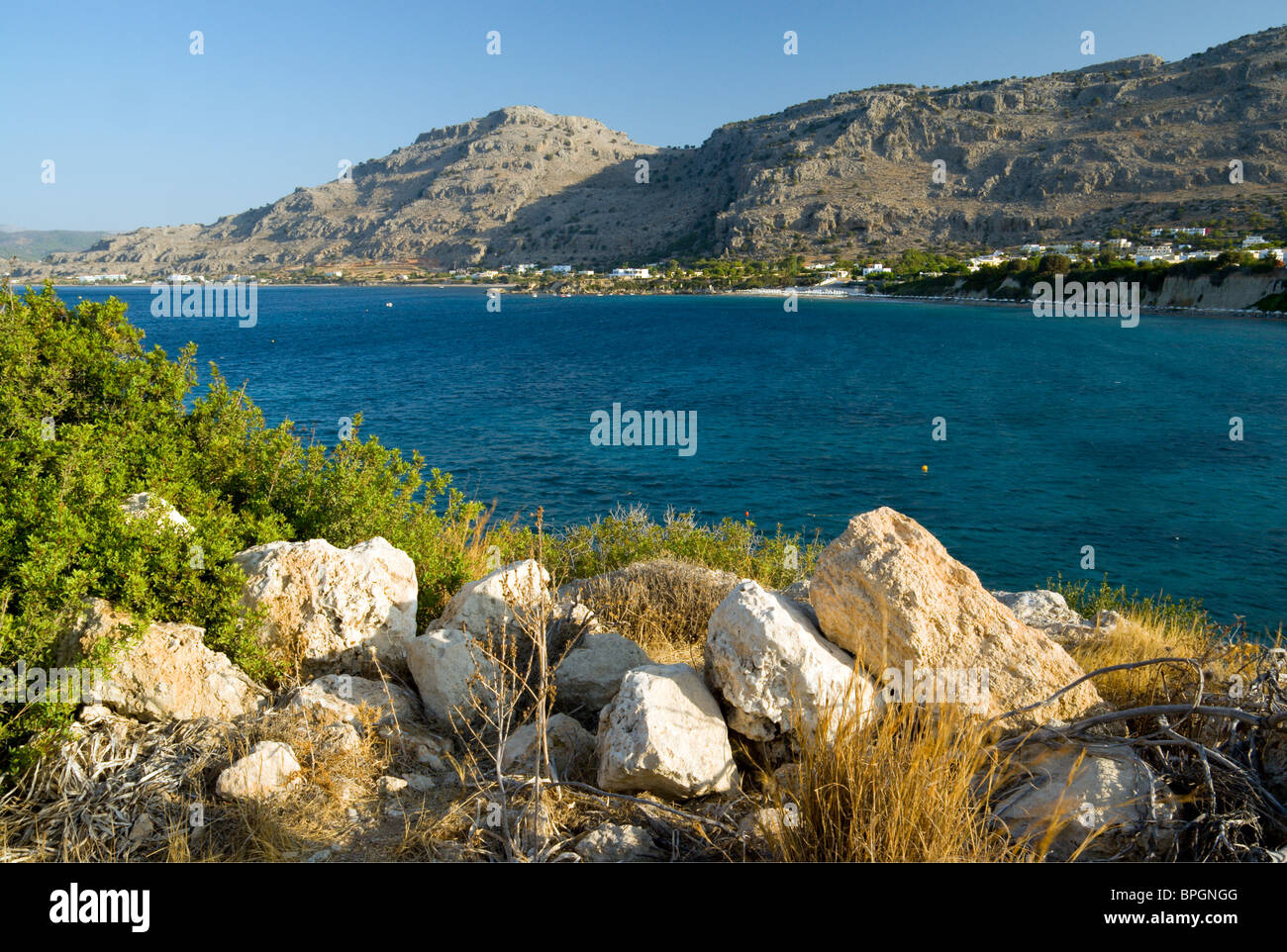 view of mountains and bay pefkos near lindos rhodes dodecanese islands greece Stock Photo