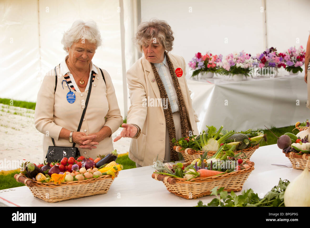 UK, England, Merseyside, Southport Flower Show, exhibitor pointing out baskets of mixed vegetables to friend Stock Photo