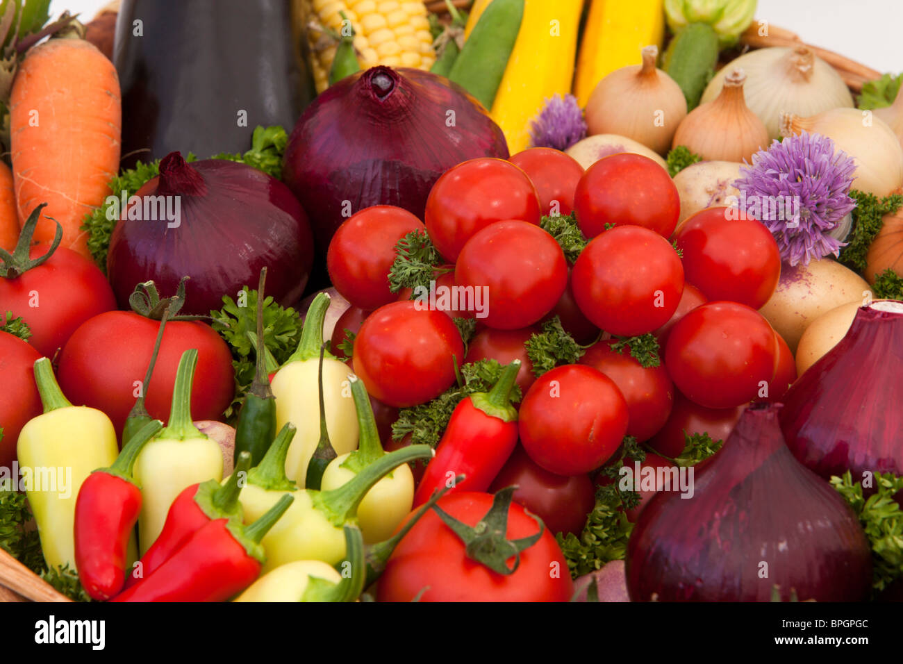 UK, England, Merseyside, Southport Flower Show, basket of prize winning mixed vegetables Stock Photo