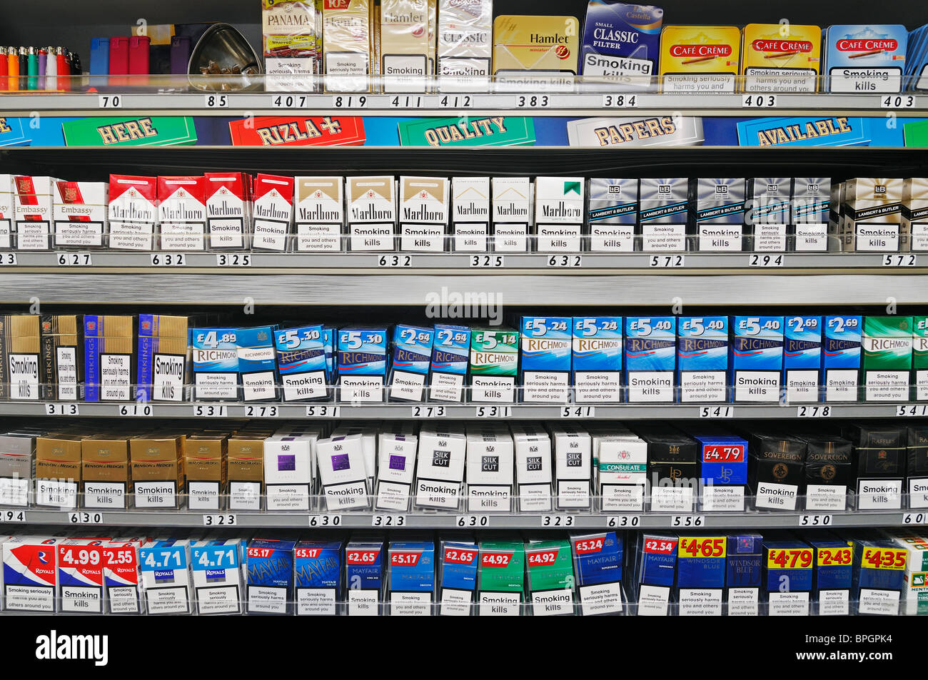 Cigarettes on Sale in a Shop, UK. Stock Photo