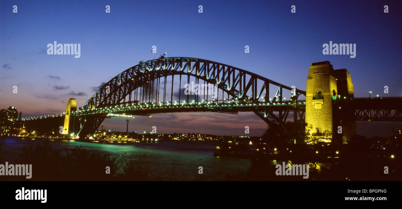 Sydney Harbour Bridge at twilight / night from Kirribilli Sydney New South Wales Australia Stock Photo