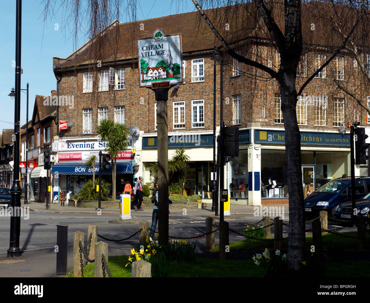 Cheam Surrey England Cheam Village Signpost By The Side Of Main Road