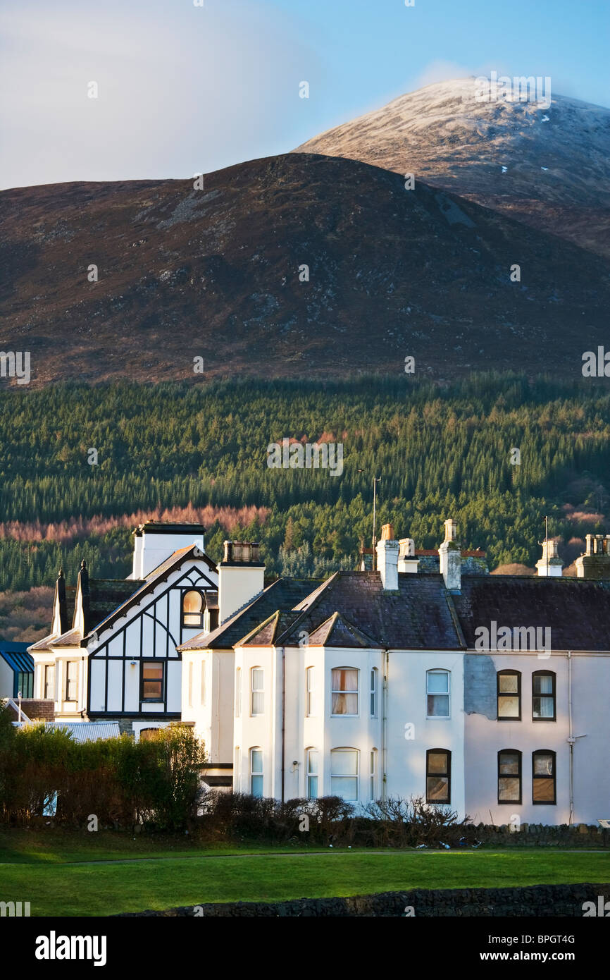 Houses in Newcastle below the summit of Slieve Donard in the Mourne Mountains, County Down, Northern Ireland Stock Photo