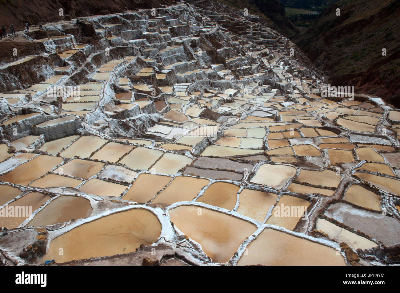 Salt pans dry out in the sun in the high Andes, at Salinas, in the Urubamba area of the Sacred Valley, Peru. Stock Photo