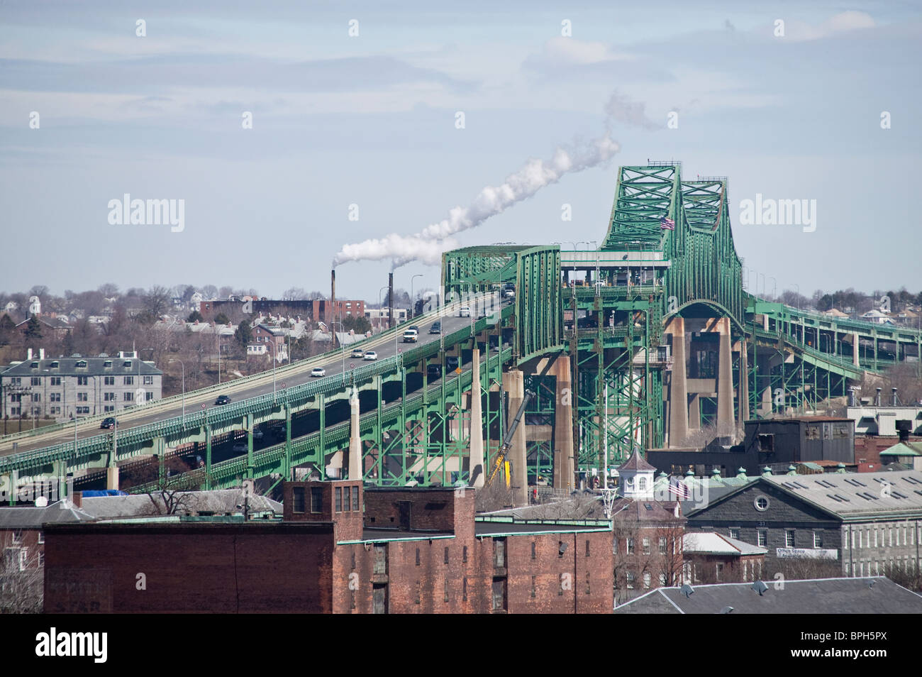 Bridge across a river, Tobin Bridge, Mystic River, Boston Harbor, Boston, Massachusetts, USA Stock Photo