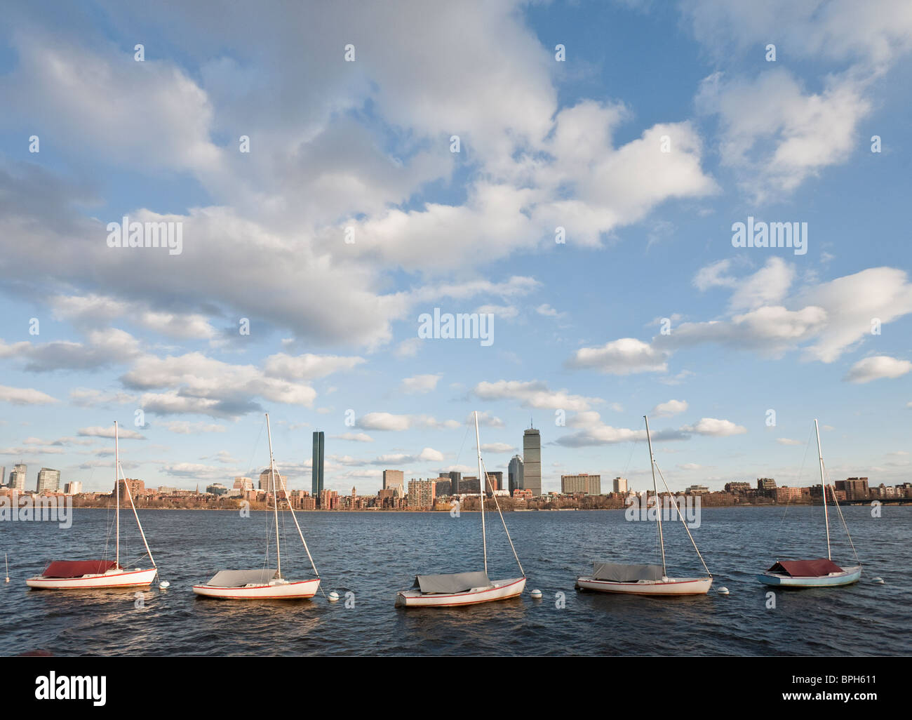 Sailboats with city at the waterfront, Charles River, Back Bay, Boston