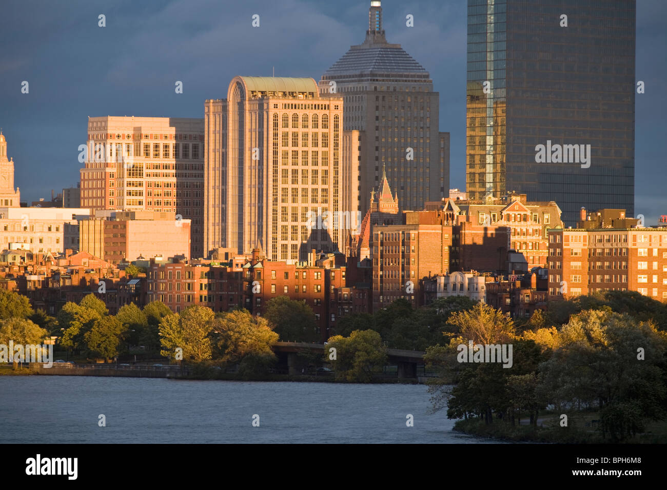 Skyscrapers at the waterfront, New and Old John Hancock Towers, Charles River, Back Bay, Boston, Massachusetts, USA Stock Photo