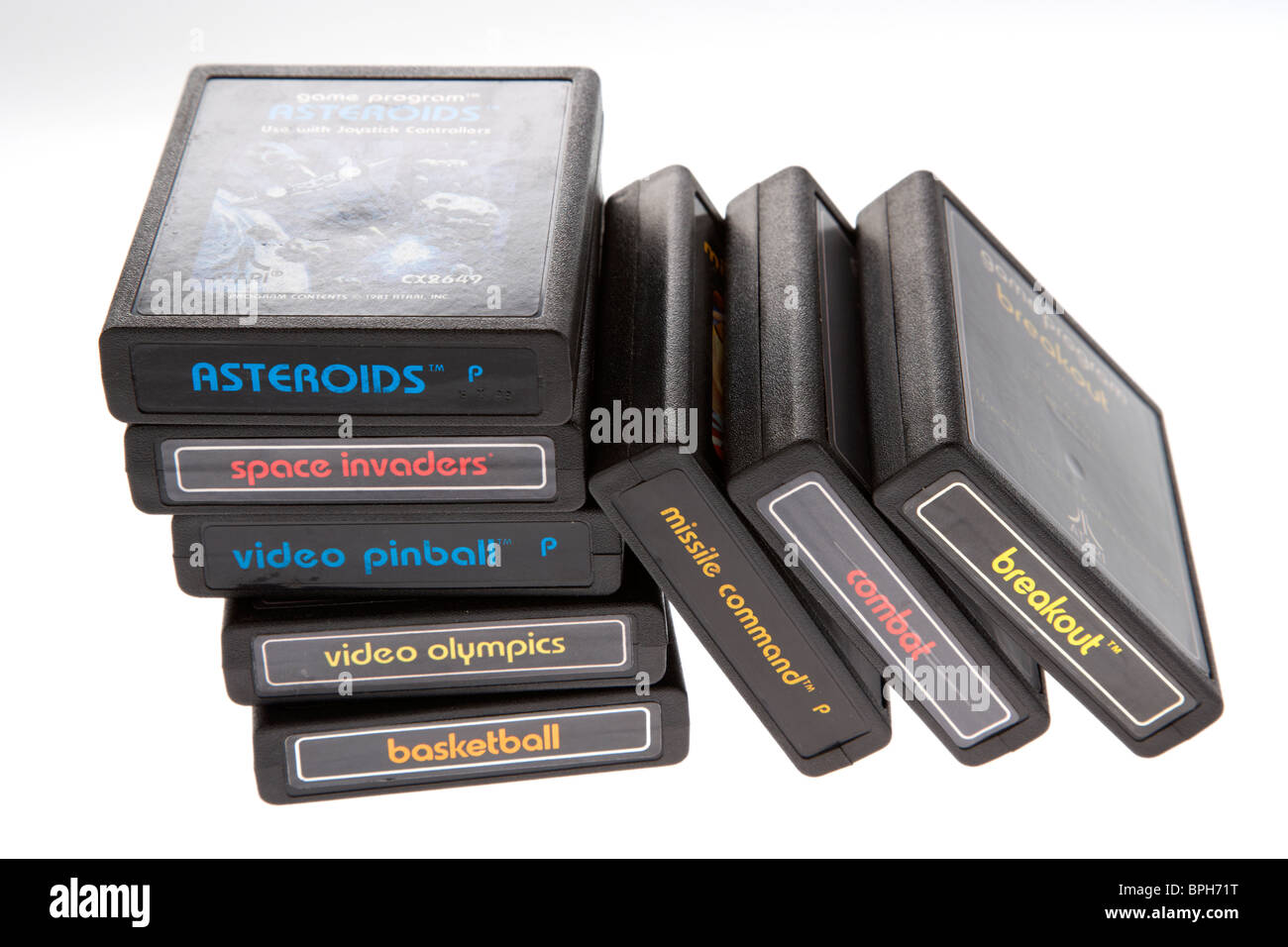 retro electronic video game original atari vcs 2600 game cartridges Stock Photo