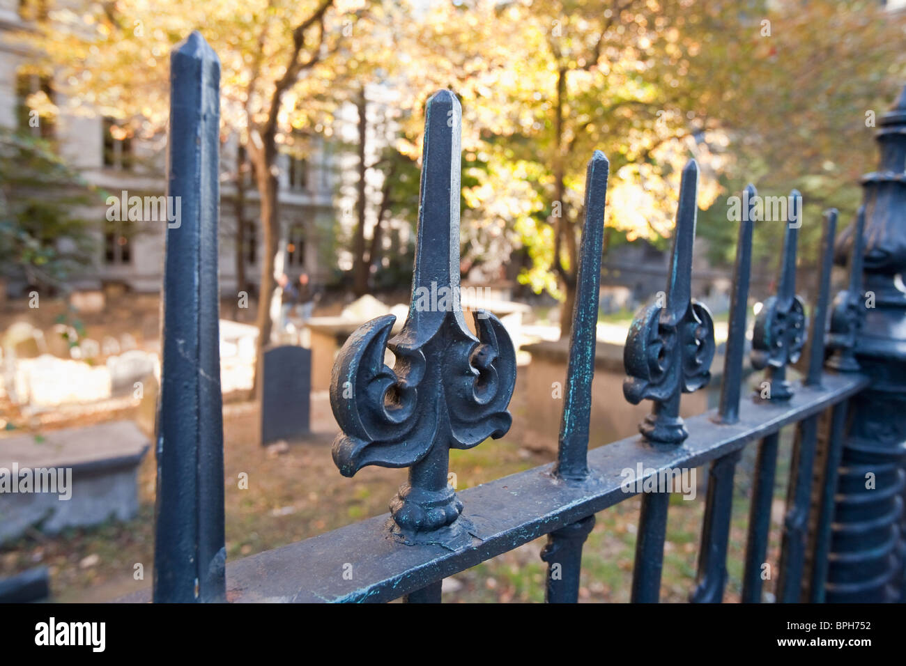 Wrought iron fence at King's Chapel Burial Ground, Tremont Street, Boston, Massachusetts, USA Stock Photo