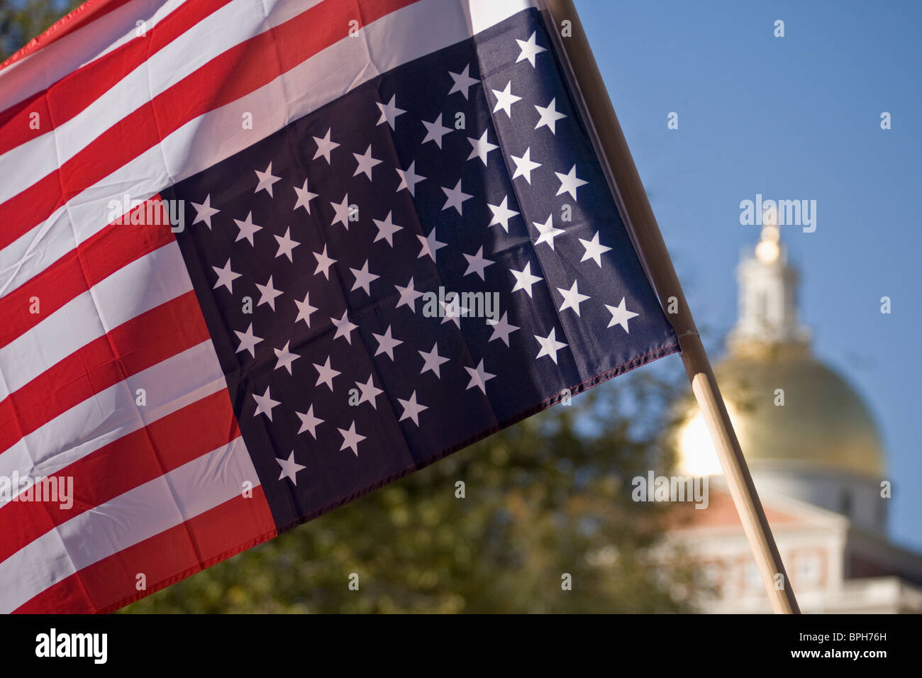 Upside down American flag for protest march, Massachusetts State House, Boston, Massachusetts, USA Stock Photo