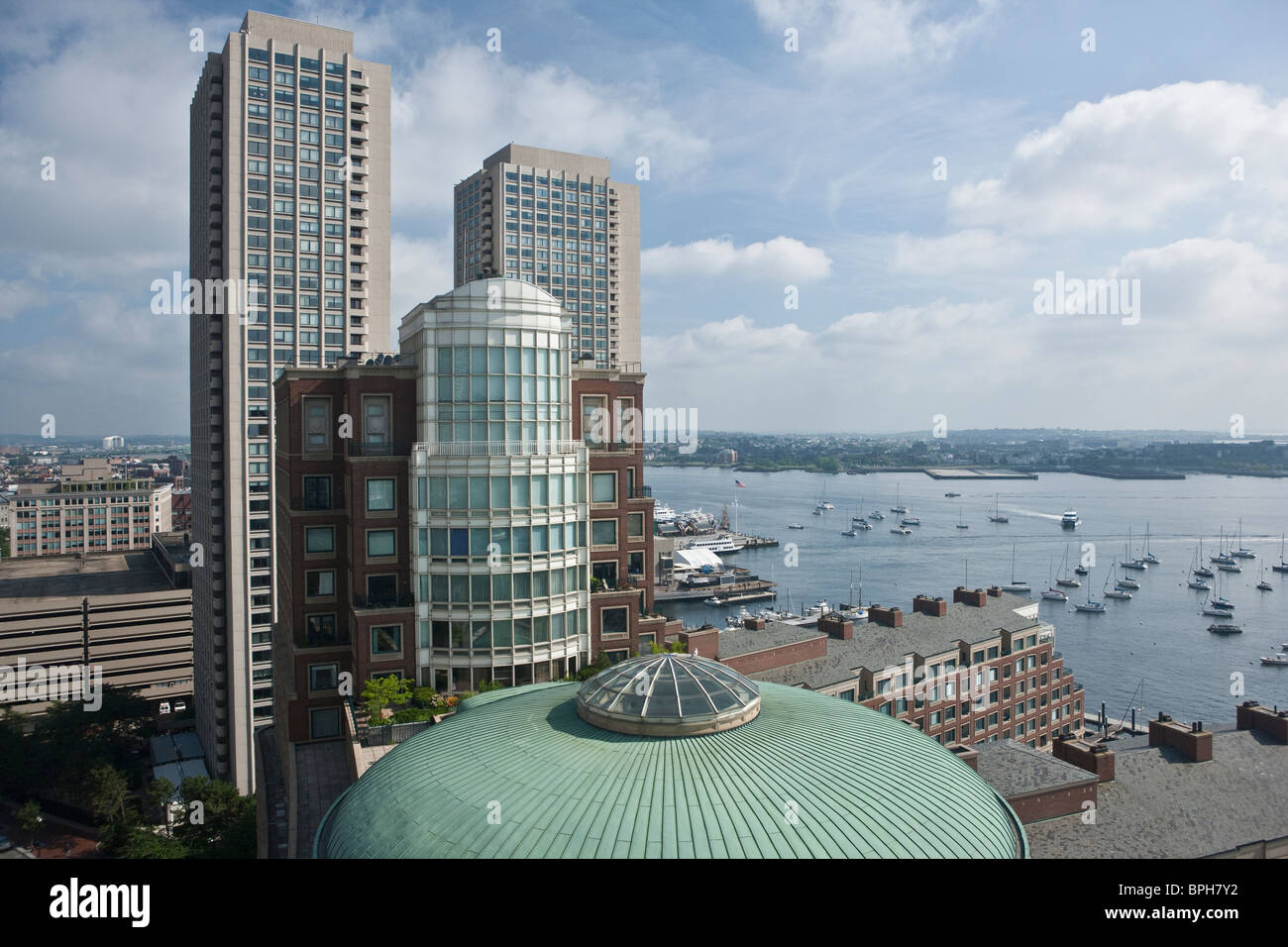 Buildings in a city, Rowes Wharf, Harbor Towers, Boston Harbor, Boston