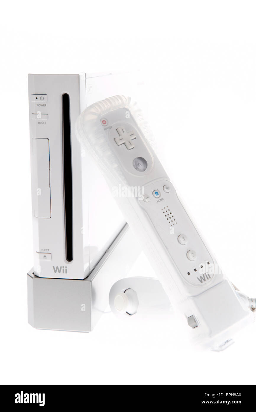 nintendo wii games console with controller with rubber guard and motionplus add on and nunchuck controller Stock Photo