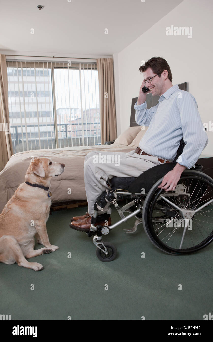 Man in a wheelchair talking on a mobile phone with a service dog Stock Photo