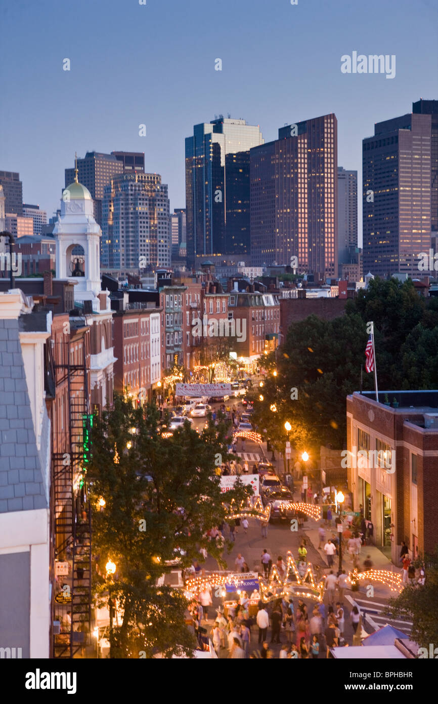 High angle view of people at a street festival, Hanover Street, Boston