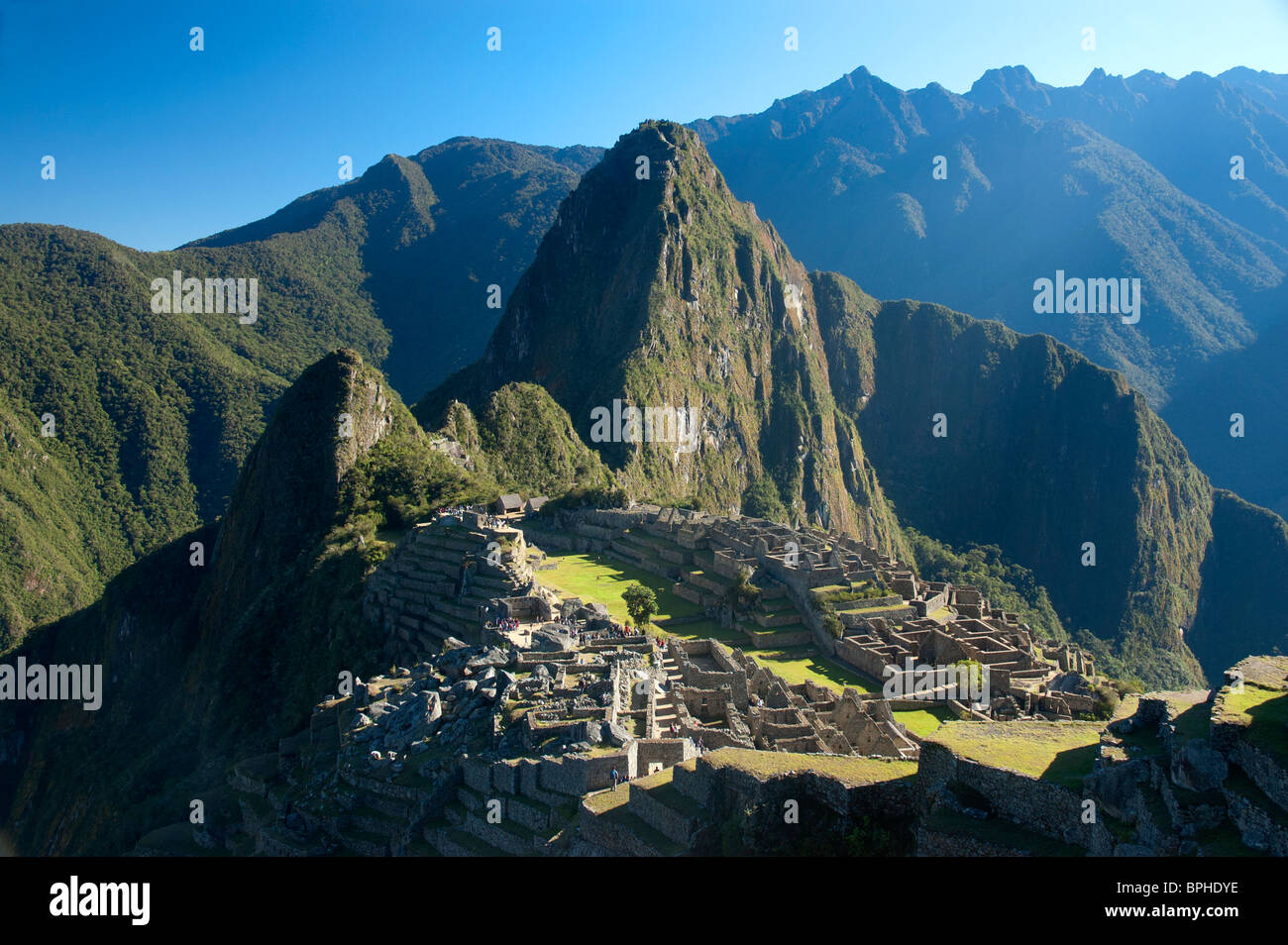 The first view of Machu Picchu that Inca Trail hikers see, Sacred Valley, Peru. Stock Photo