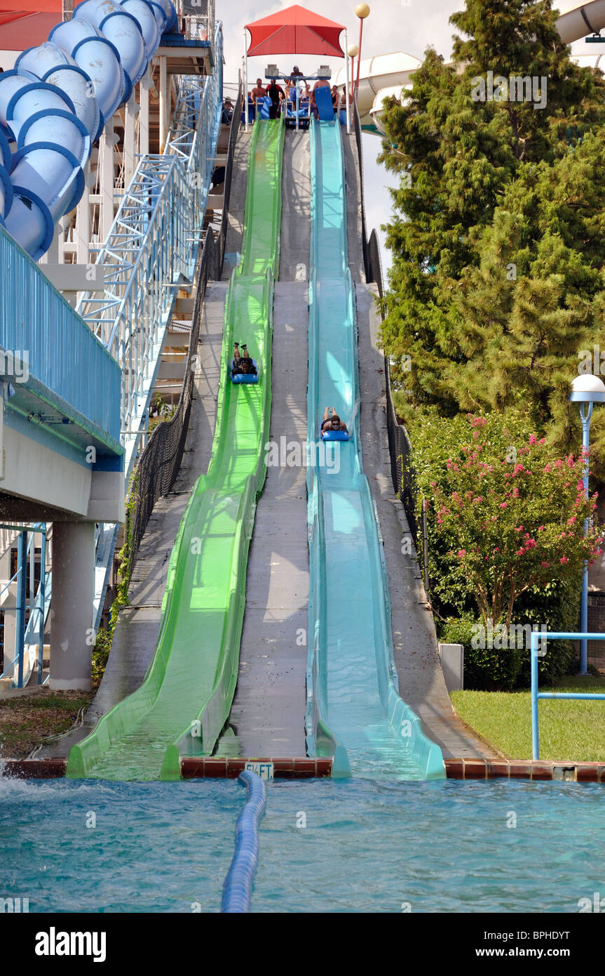 Water slide at Hurricane Harbor waterpark , Six Flags Over Texas amusement park, Arlington, TX, USA Stock Photo