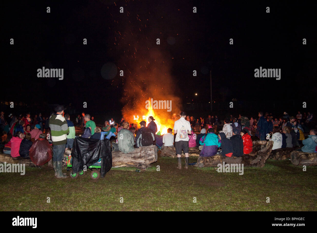 Camp fire at the Green Man festival 2010, Glanusk Park, Brecon Beacons, Wales Stock Photo