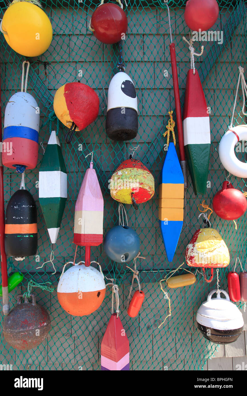 buoys hanging on wall at the port of Peggy's Cove, a Fishing Village in Nova Scotia,Canada,North America.Photo by Willy Matheisl Stock Photo