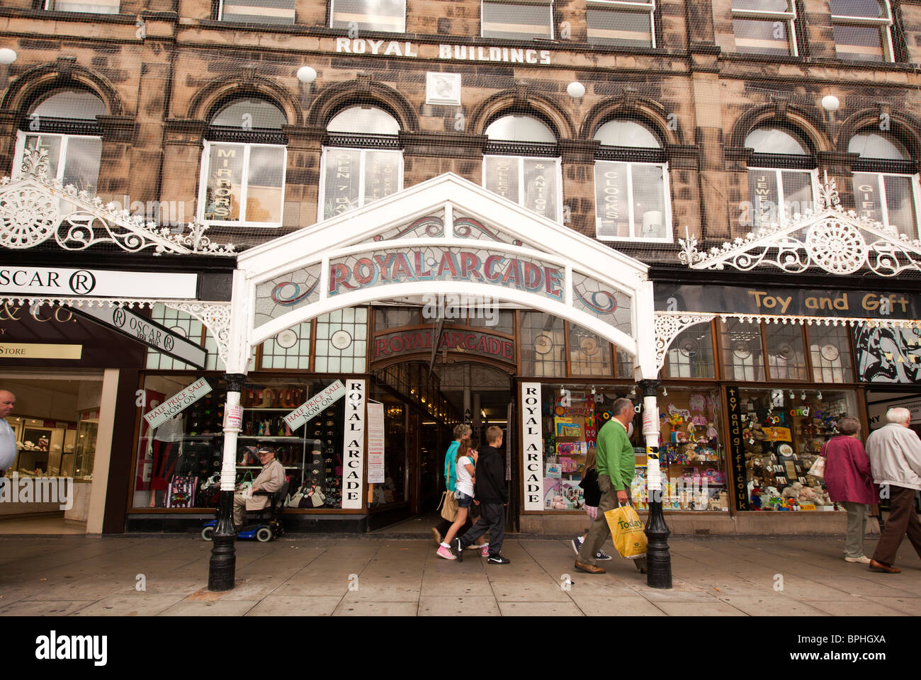 UK, England, Merseyside, Southport, Lord Street, Royal Arcade antiques centre covered portico
