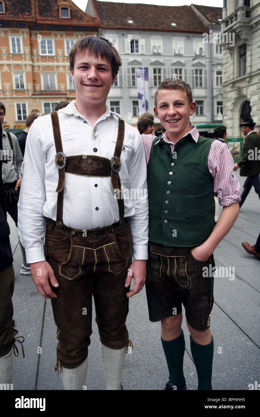 Pupils wearing Lederhosen, Hauptplatz, Graz, Styria, Austria Stock