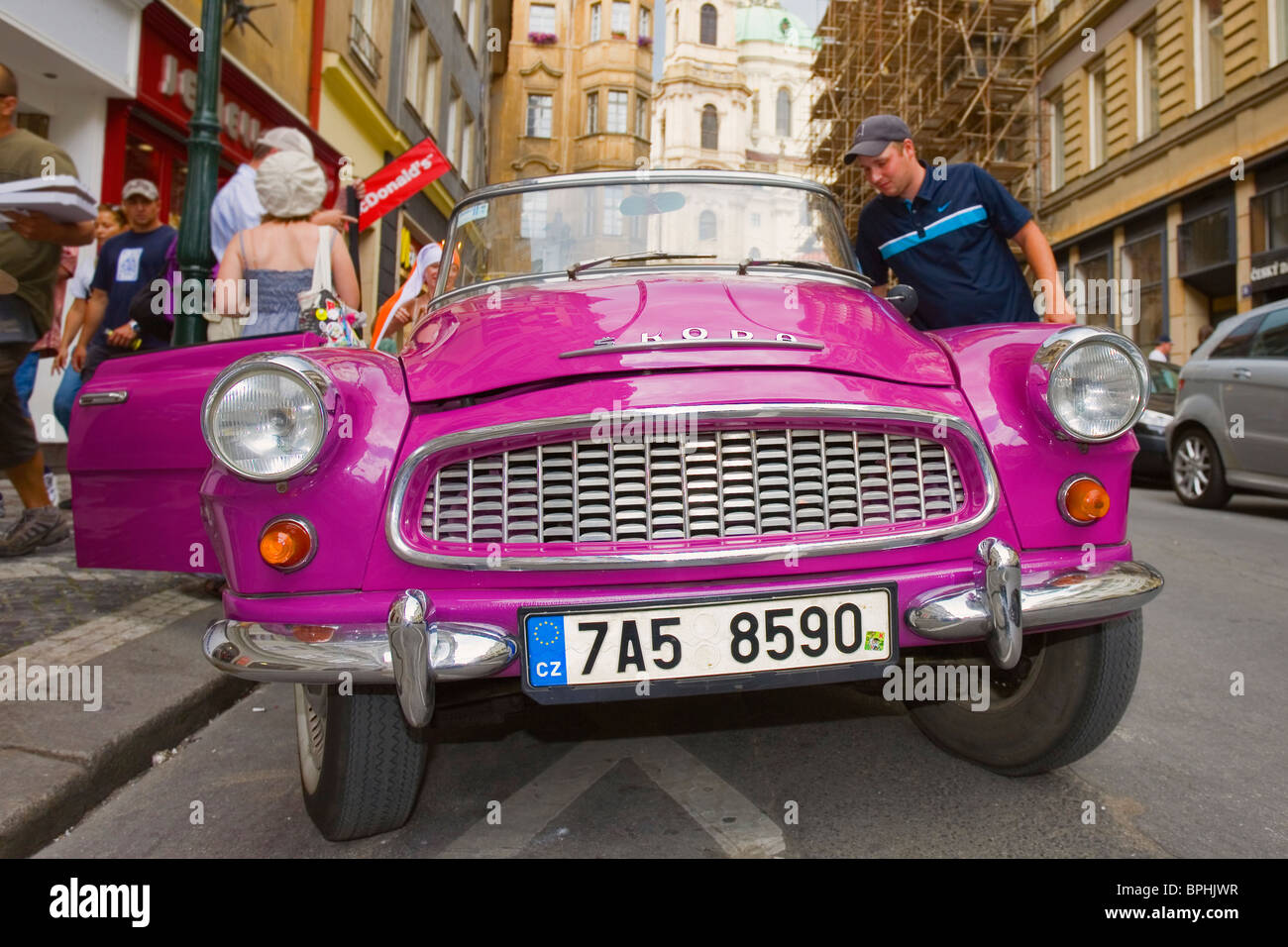 Old Skoda car parked in the Old Town in Prague. Used to take tourists