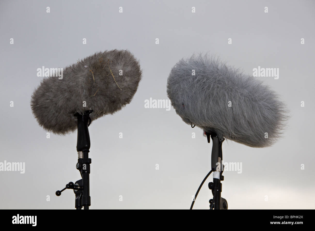 Microphones with high wind hairy covers Stock Photo