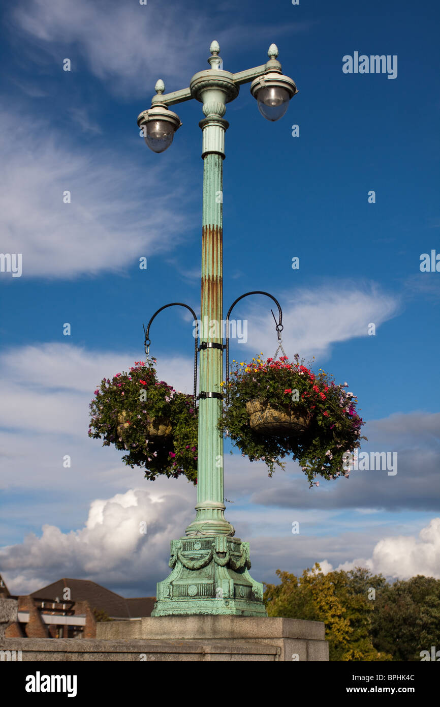 Hanging Baskets on a lamppost on Caversham Bridge, Reading Stock Photo