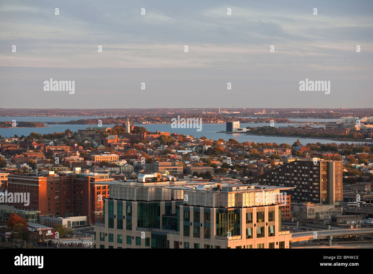 High angle view of a harbor with a city at night, Boston Harbor, South Boston, Boston, Suffolk County, Massachusetts, USA Stock Photo
