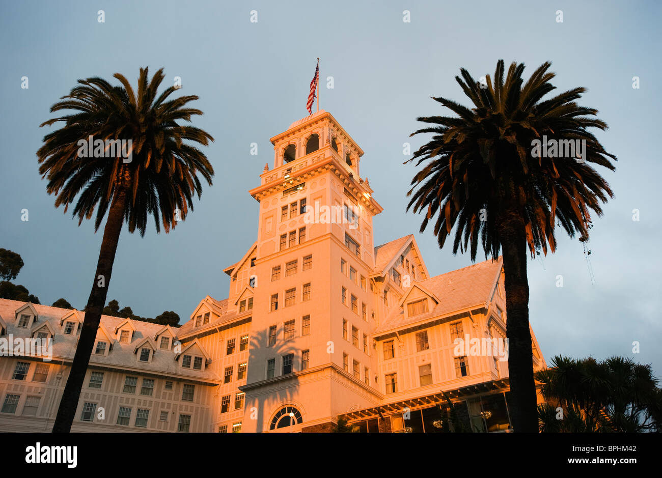 Claremont Hotel and Resort, Historic Hotel at dusk with Palm Trees, Berkeley California USA Stock Photo