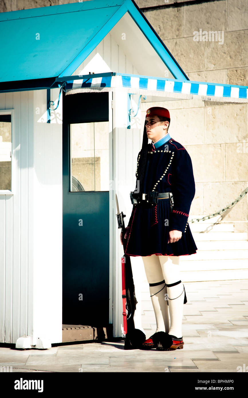 Evzones sitting on guard in front of the Greek Parliament on February 14, 2010 in Athens, Greece. Stock Photo