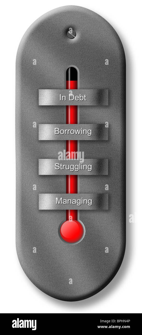 Thermometer (with settings of ‘Managing’ ‘Struggling’ ‘Borrowing’ and ‘In Debt’). Stock Photo