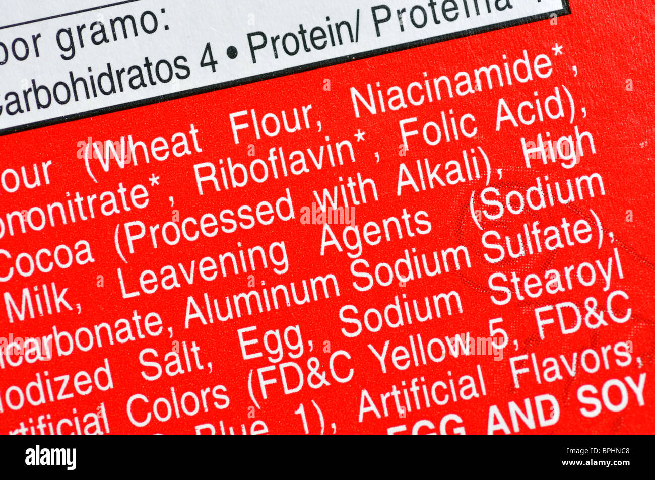 Nutrition information on food package Stock Photo