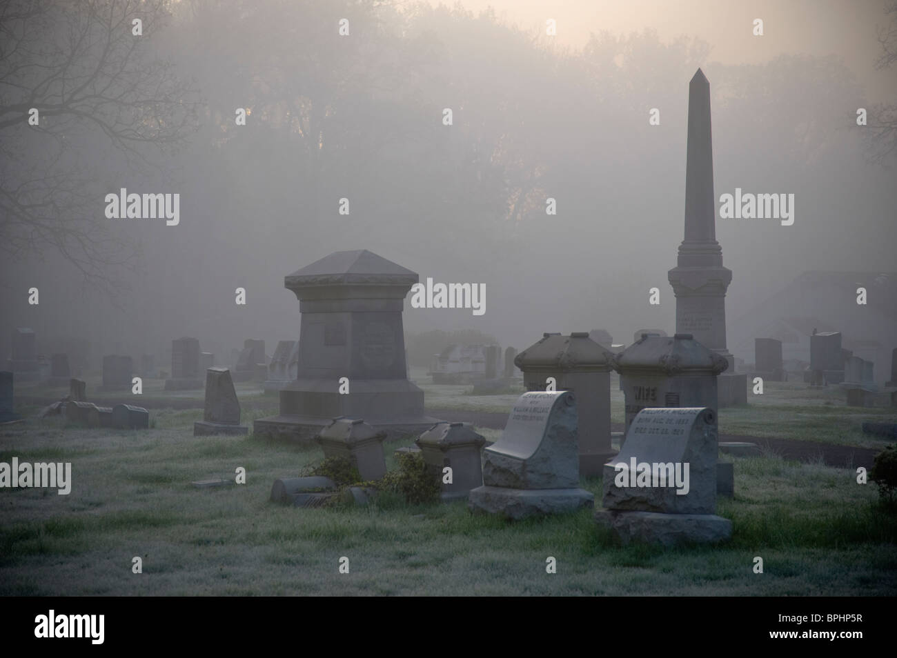 Foggy Cemetery Graveyard, Pennsylvania, USA Stock Photo