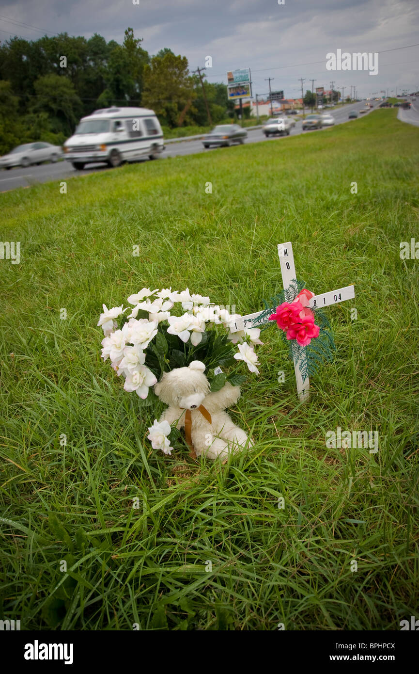 Roadside Memorial Flowers , Car Crash Victim, Delaware, USA Stock Photo