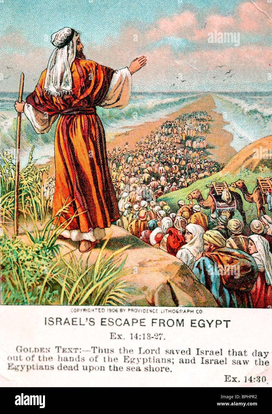 Old Bible card depicting the Israelites exodus from Egypt Stock Photo