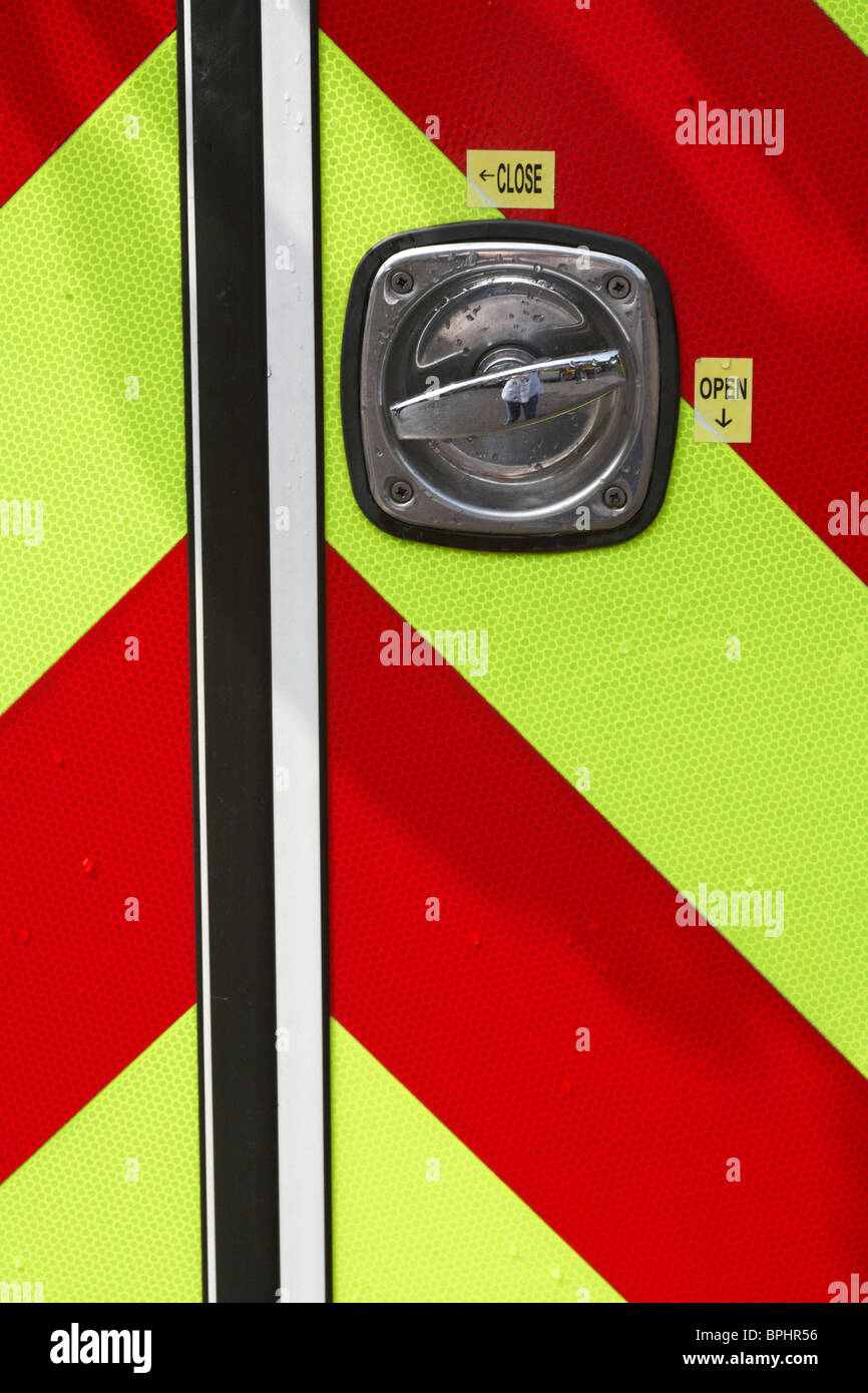 Close up of door handle on back of fire engine Stock Photo