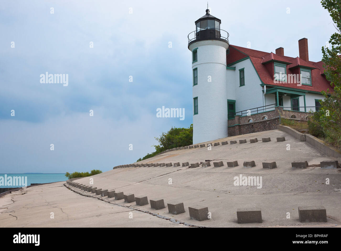 Point Betsie Light Station lighthouse with dwelling and seawall on Lake