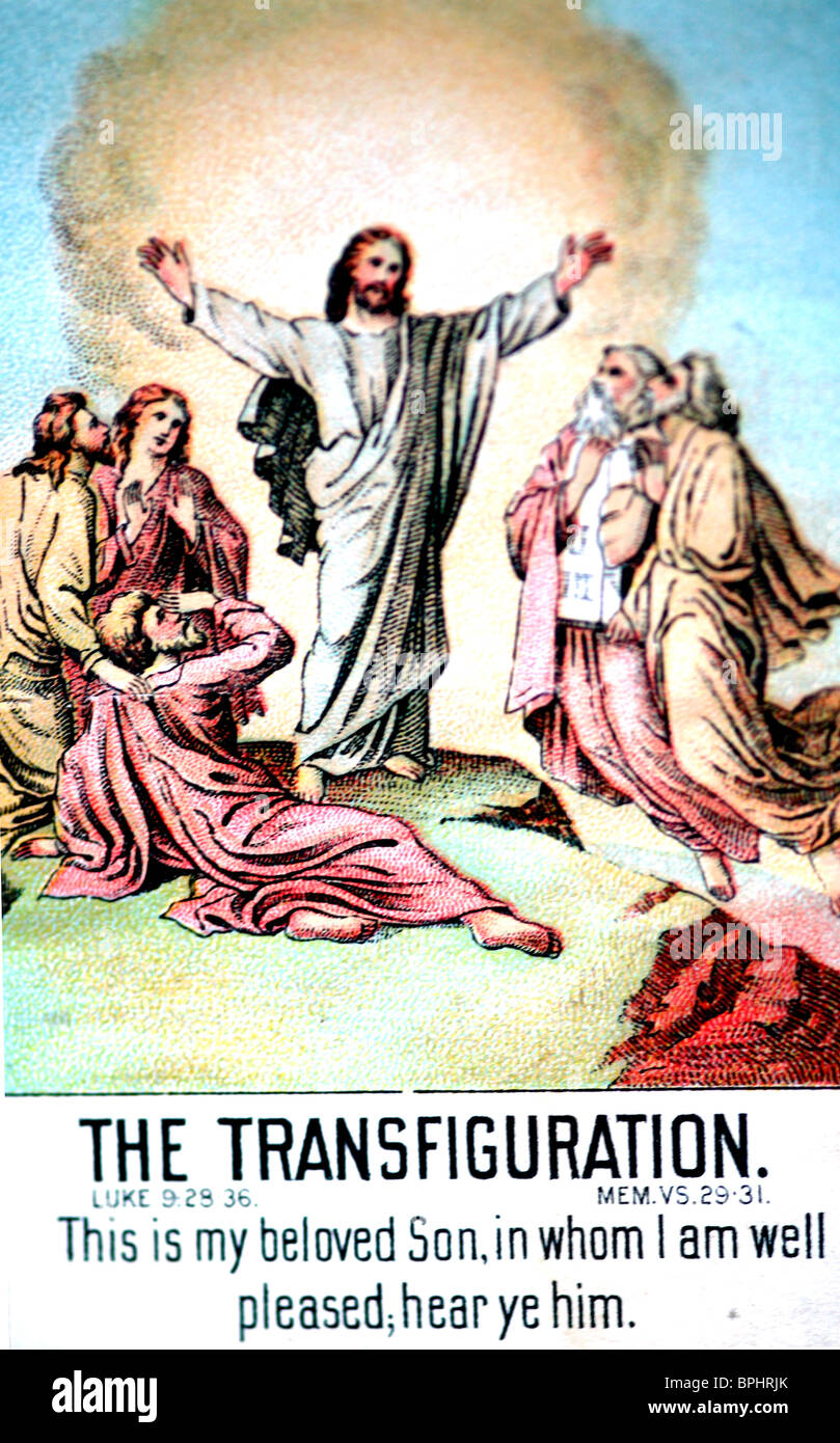 Old bible lesson card showing the Transfiguration of  from the New Testament, an event where Jesus is transfigured and becomes radiant in glory upon a mountain. Stock Photo