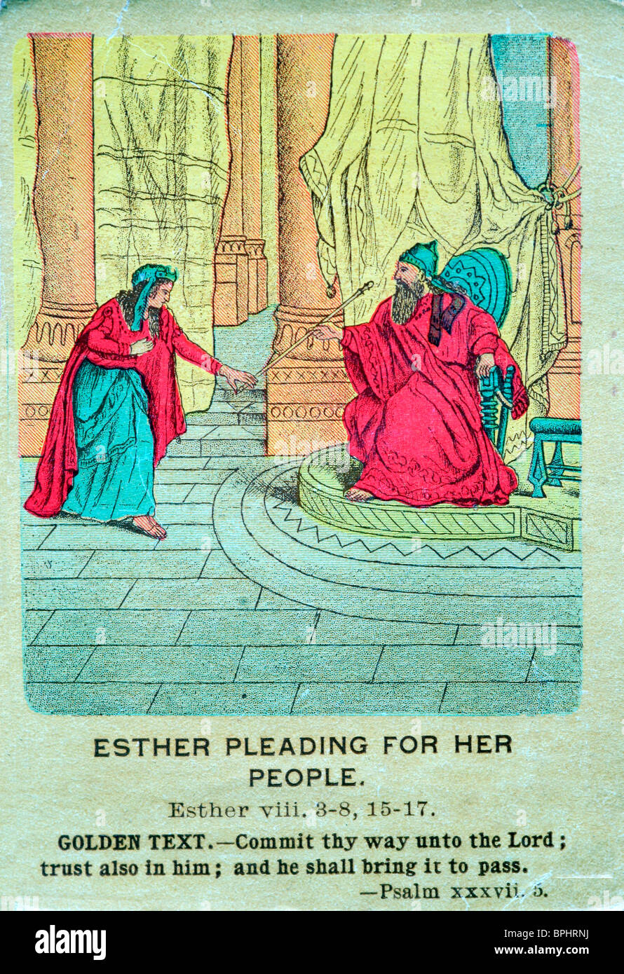 Old bible card, Esther pleading for her people. Esther 8:3-9:19 Stock Photo