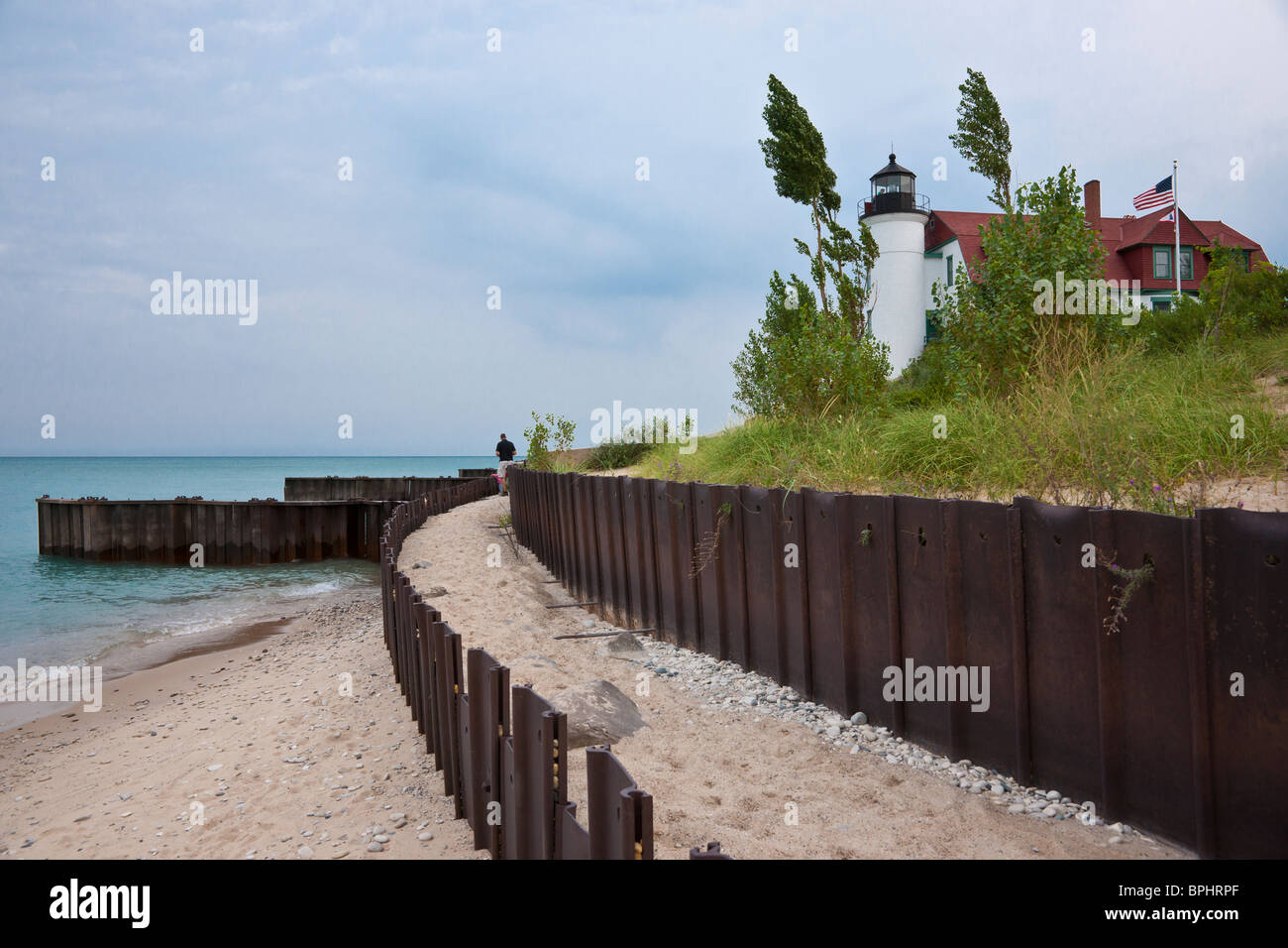 Point Betsie Light Station lighthouse with dwelling and seawall on Lake