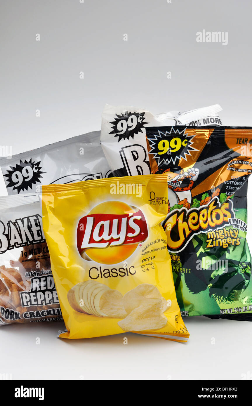 Junk food snacks potato chips, cheetos, tostitos, doritos