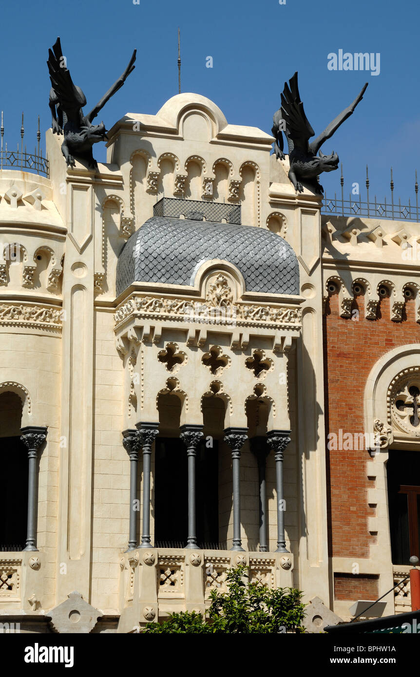 Oriental Balcony of the House of the Dragons, Casa de los Dragones, a Commercial Building with Dragon Sculptures on the Roof, Ceuta, Spain Stock Photo