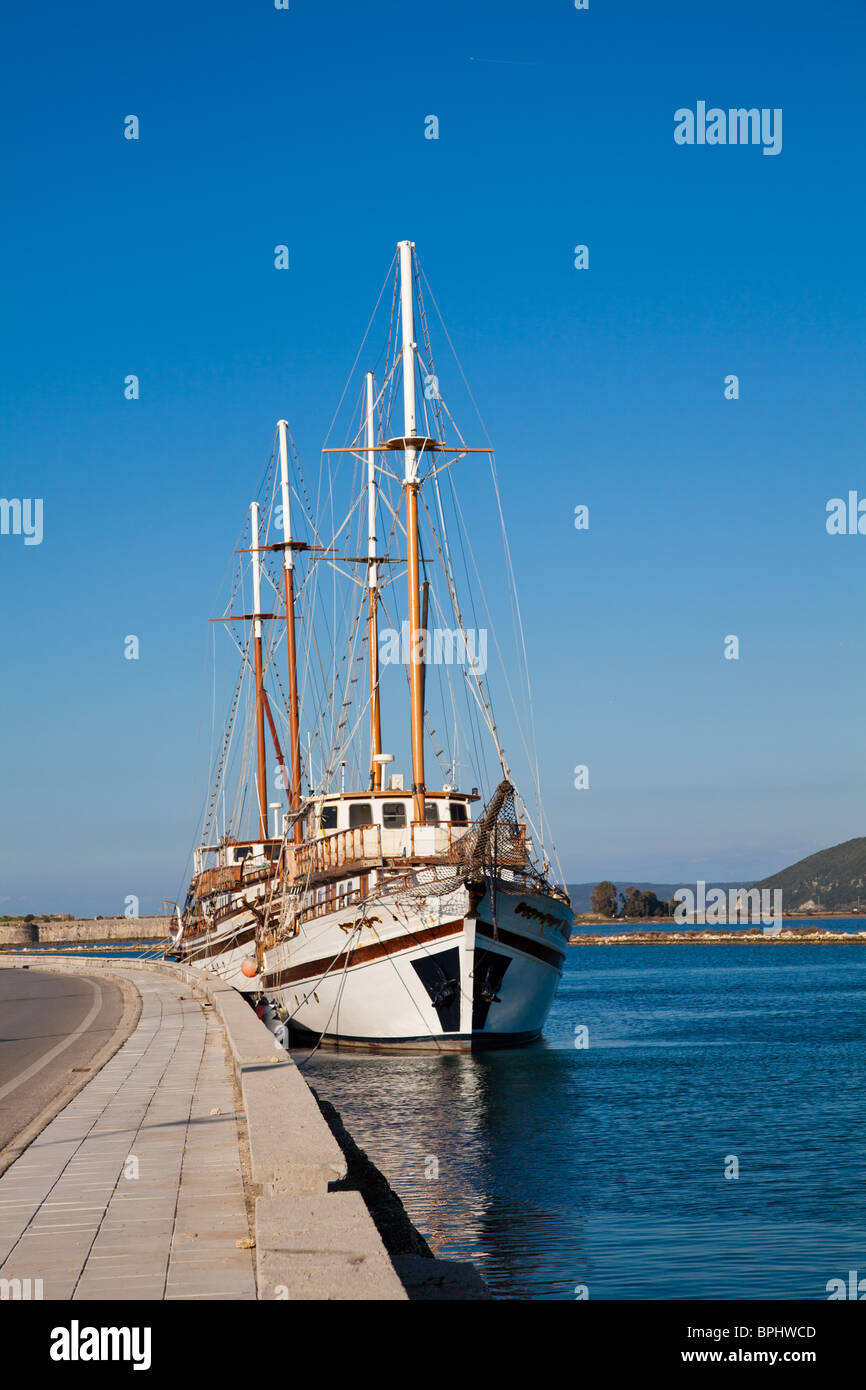 Ships docked on the road leading to Lefkada Island in Greece. Stock Photo