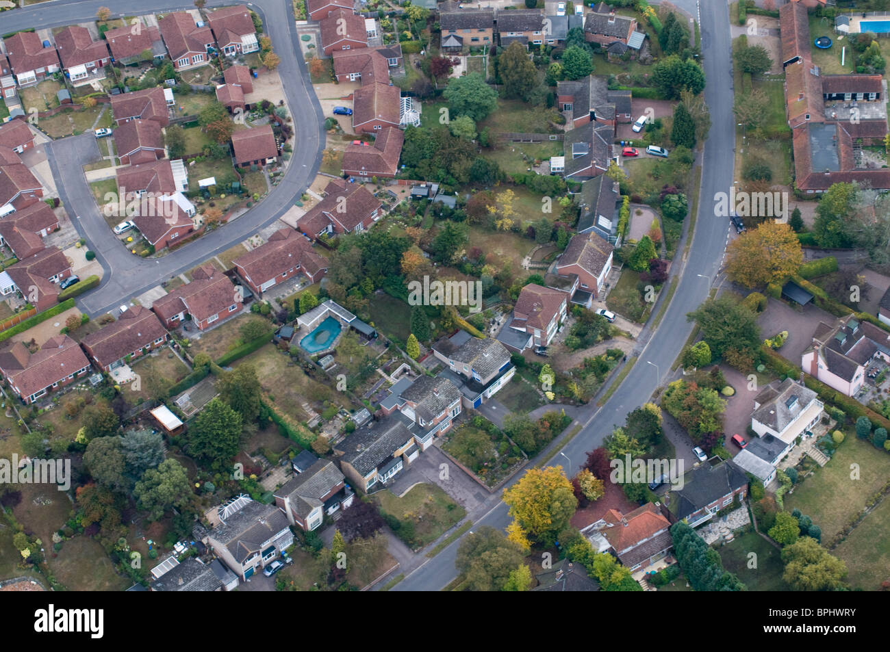 Aerial view of suburban street in Norwich October Stock Photo