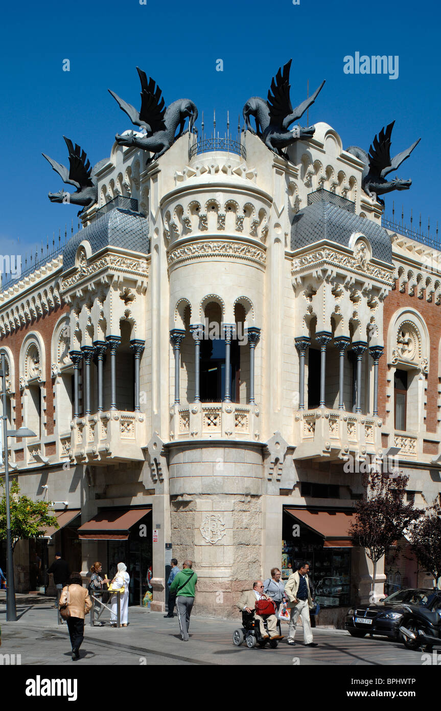 House of the Dragons, or Casa de los Dragones (1900-1905) with Four Dragon Sculptures Emerging from the Roof, Town Centre of Ceuta, Spain North Africa Stock Photo