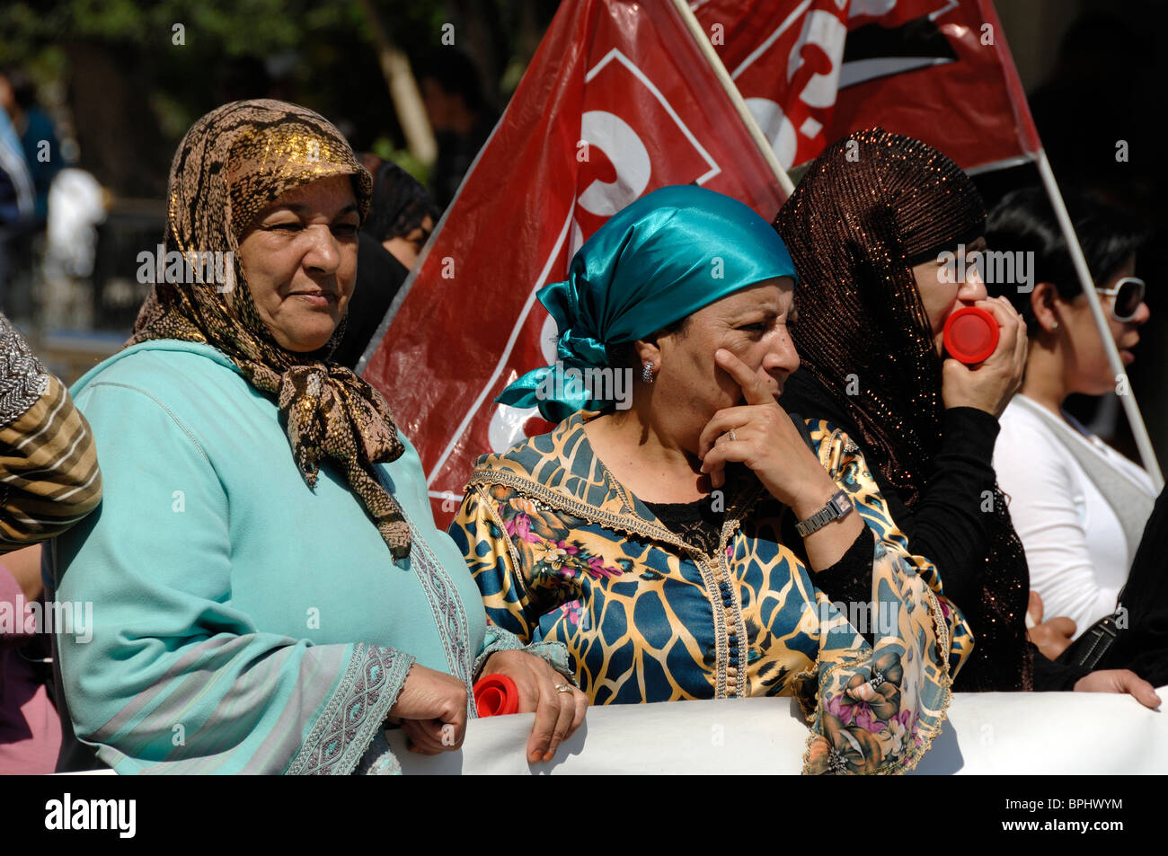 Spanish Ceuta Women of Immigrant or North African Origin at May Day Workers Demonstration, Ceuta, Spain, North Africa Stock Photo