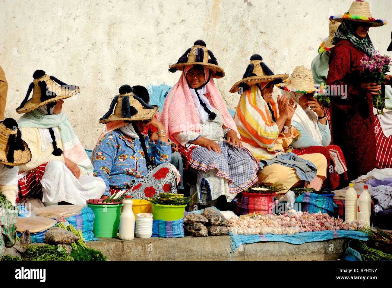 Moroccan Rif Mountain Peasants or Peasant Women at Street Fruit & Vegetable Market, Tangier, Tanger or Tangiers, Morocco Stock Photo