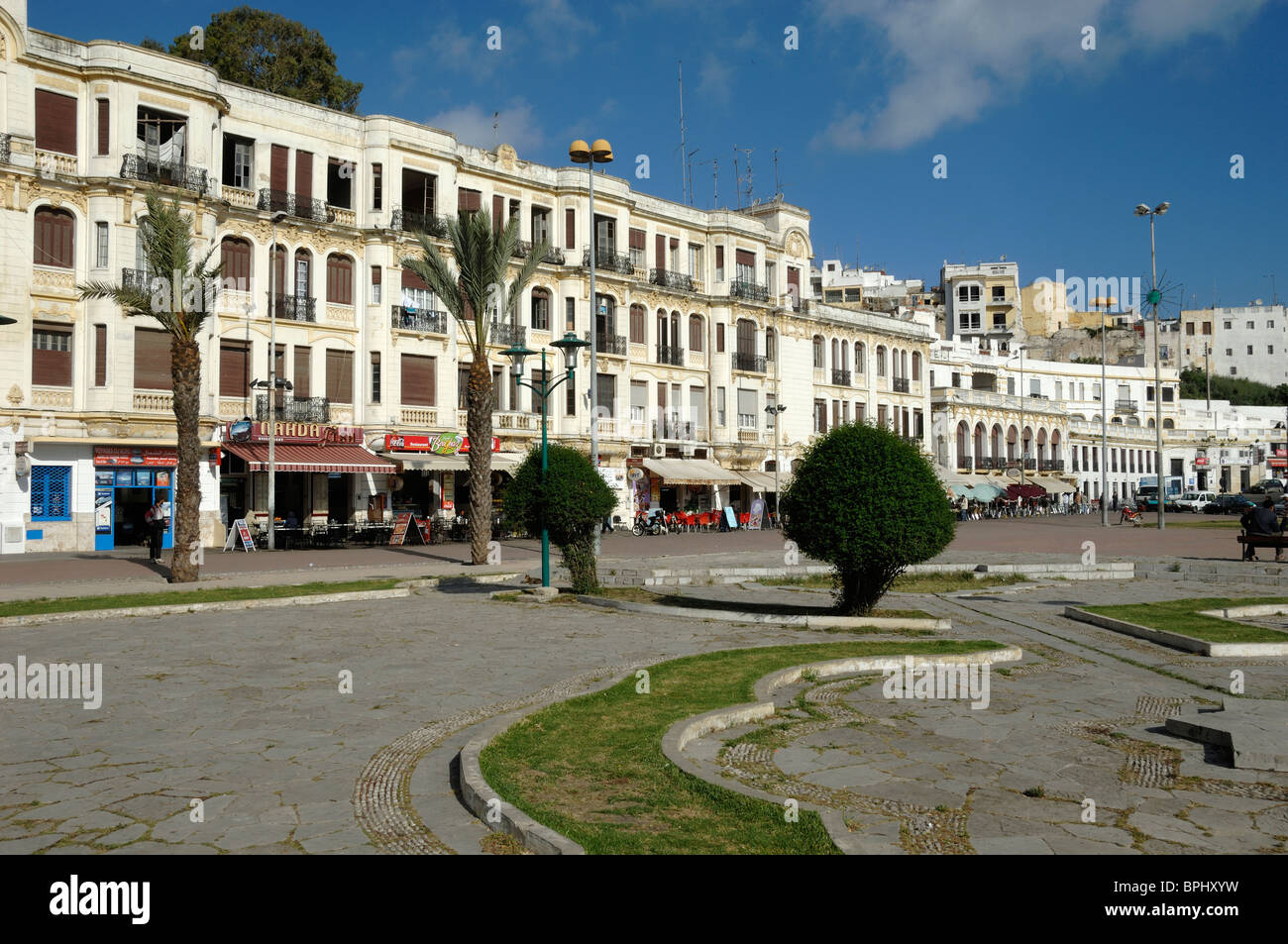 French Style, French Protectorate-Era Buildings, Period Seafront, Waterfront or Harbour Front Buildings, Tangier Tanger or Tangiers, Morocco Stock Photo