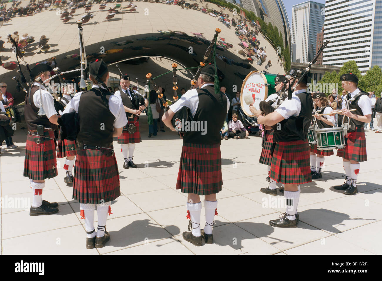 Northwest Indiana pipes and drums band playing at Celtic festival in downtown Chicago Stock Photo
