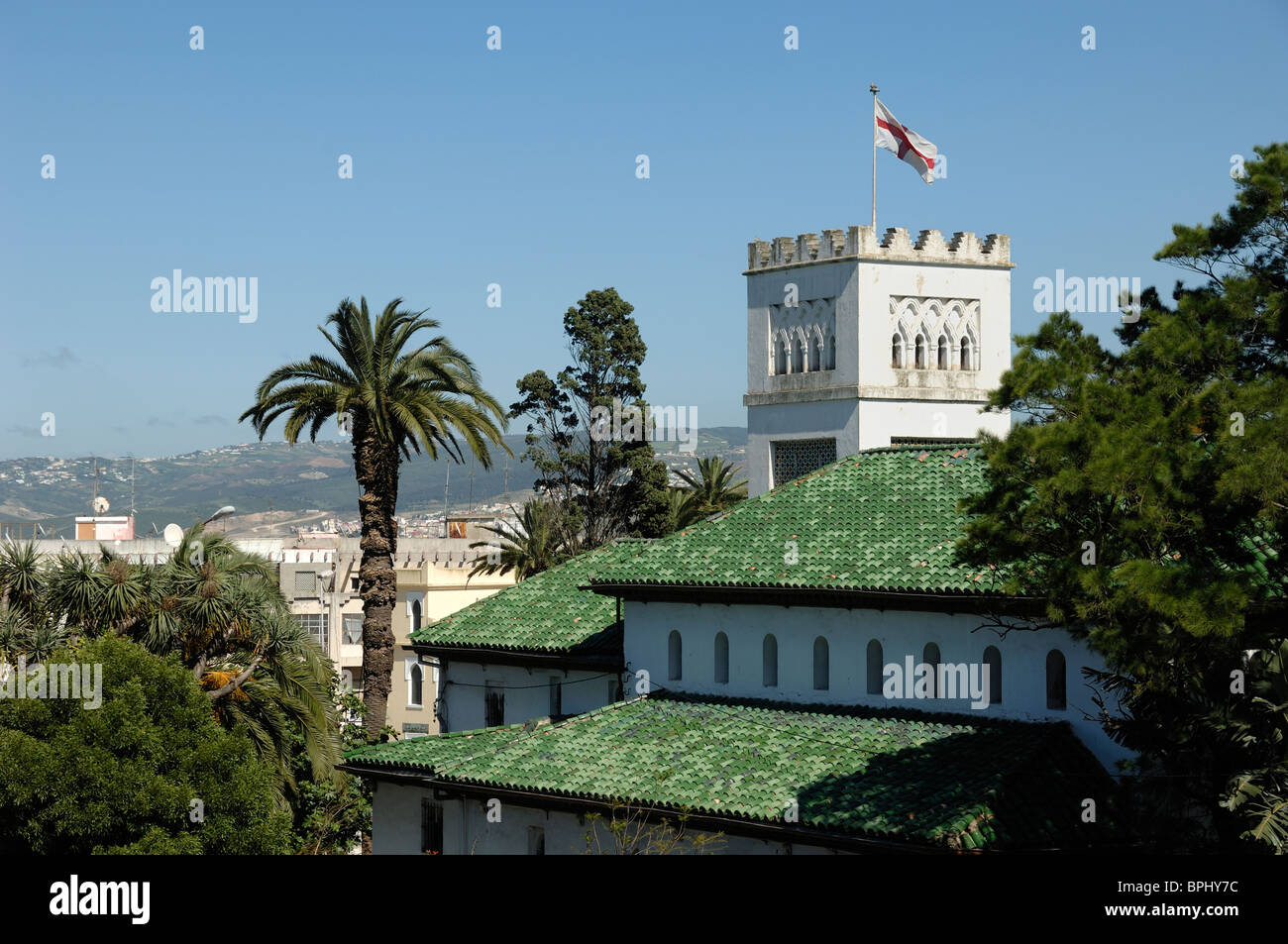 Saint Andrews Anglican Church, or Church of Saint Andrew, and View over Tangier or Tanger, Morocco Stock Photo